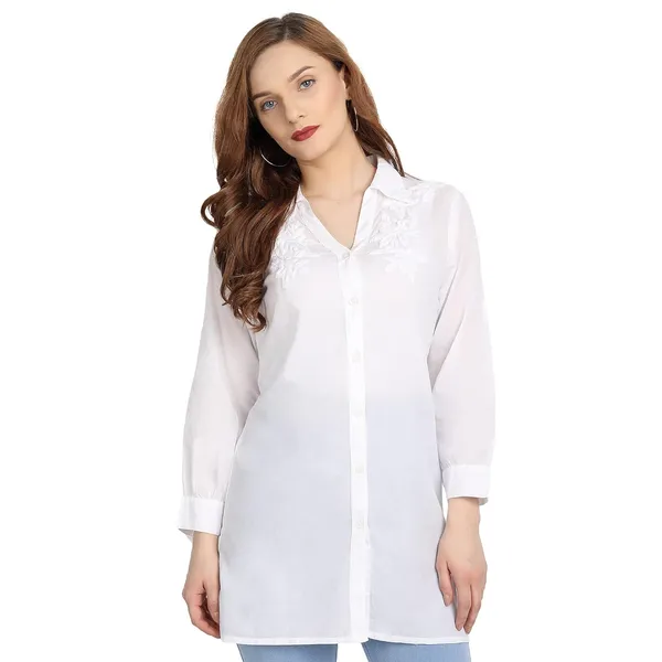 Preistene_White_Lucknow_Chikankari_Kurta_Top_Kurtis_Shirt_In_Hand_Embroidery