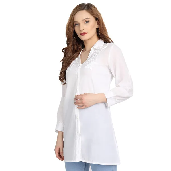 Preistene_White_Lucknow_Chikankari_Kurta_Top_Kurtis_Shirt_In_Hand_Embroidery