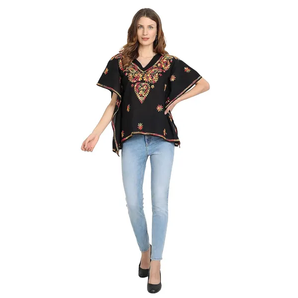 Charismatic_Black_Lucknow_Chikankari_Kaftan_Kurta_Top_Shirt_In_Hand_Embroidery