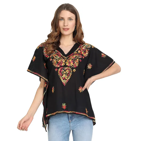 Charismatic_Black_Lucknow_Chikankari_Kaftan_Kurta_Top_Shirt_In_Hand_Embroidery