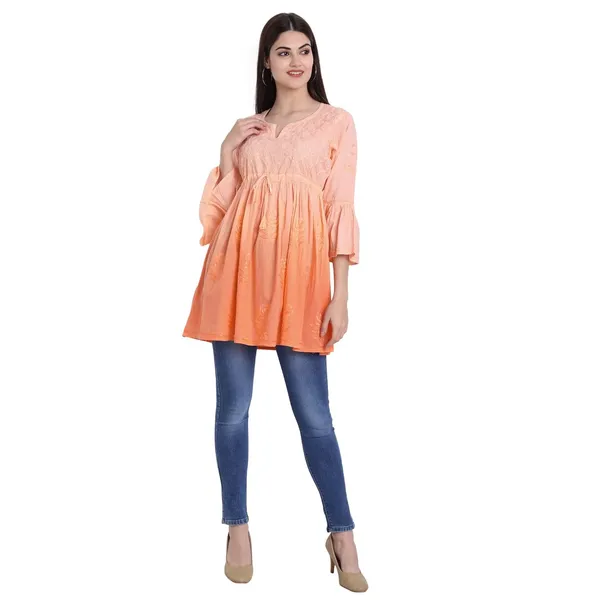 Coral_Lucknow_Chikankari_Hand_Embroidered_Peplum_Fit_And_Flared_Top_Shaded_Short_Kurti_Cotton
