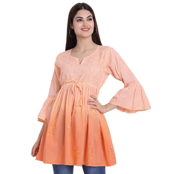 Coral_Lucknow_Chikankari_Hand_Embroidered_Peplum_Fit_And_Flared_Top_Shaded_Short_Kurti_Cotton