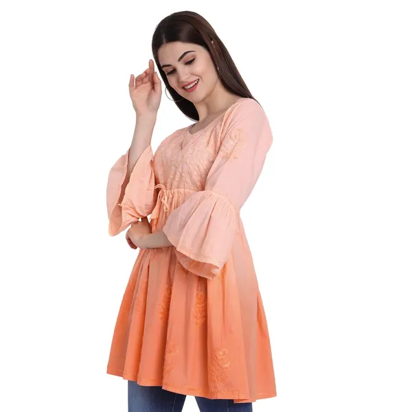 Coral_Lucknow_Chikankari_Hand_Embroidered_Peplum_Fit_And_Flared_Top_Shaded_Short_Kurti_Cotton