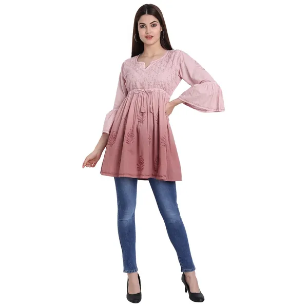 Fawn_Lucknow_Chikankari_Hand_Embroidered_Peplum_Fit_And_Flared_Top_Shaded_Short_Kurti_Cotton