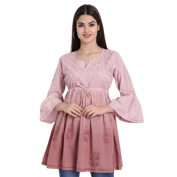 Fawn_Lucknow_Chikankari_Hand_Embroidered_Peplum_Fit_And_Flared_Top_Shaded_Short_Kurti_Cotton