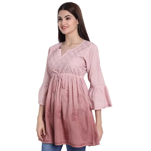 Fawn_Lucknow_Chikankari_Hand_Embroidered_Peplum_Fit_And_Flared_Top_Shaded_Short_Kurti_Cotton