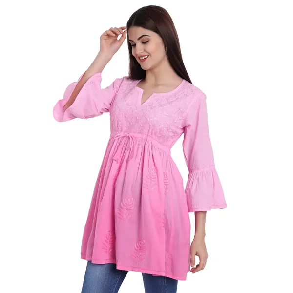 Pretty_Pink_Lucknow_Chikankari_Hand_Embroidered_Peplum_Fit_And_Flared_Top_Shaded_Short_Kurti_Cotton