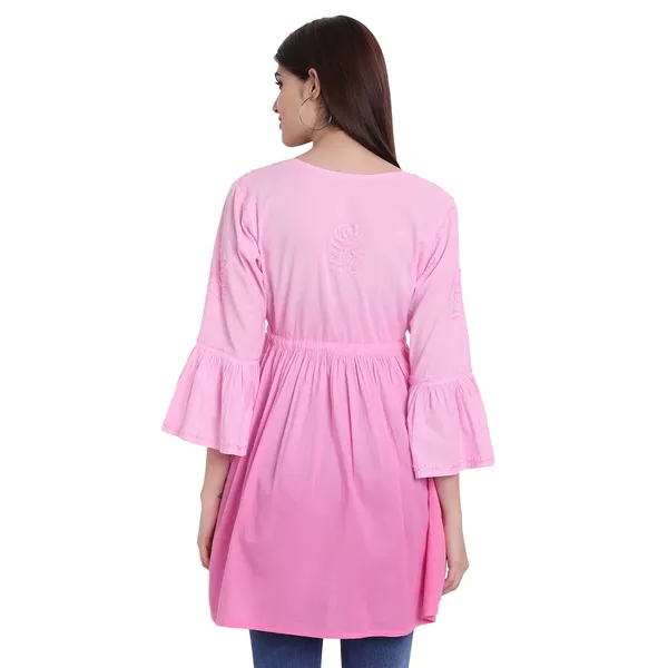 Pretty_Pink_Lucknow_Chikankari_Hand_Embroidered_Peplum_Fit_And_Flared_Top_Shaded_Short_Kurti_Cotton