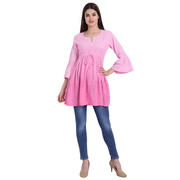 Pretty_Pink_Lucknow_Chikankari_Hand_Embroidered_Peplum_Fit_And_Flared_Top_Shaded_Short_Kurti_Cotton