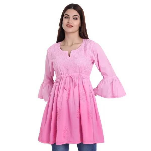 Pretty_Pink_Lucknow_Chikankari_Hand_Embroidered_Peplum_Fit_And_Flared_Top_Shaded_Short_Kurti_Cotton