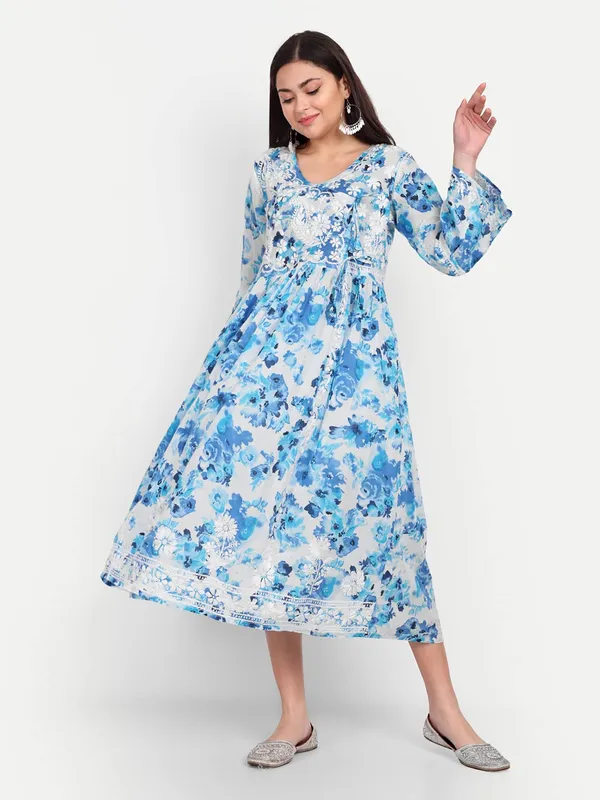 Royal_Blue_Lucknow_Chikankari_Hand_Embroidered_Fit_And_Flare_Angrakha_Long_Kurti_Malmal_Cotton
