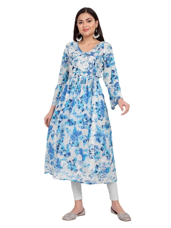 Royal_Blue_Lucknow_Chikankari_Hand_Embroidered_Fit_And_Flare_Angrakha_Long_Kurti_Malmal_Cotton