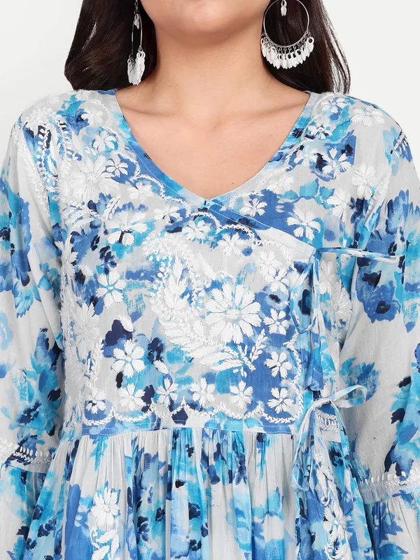 Royal_Blue_Lucknow_Chikankari_Hand_Embroidered_Fit_And_Flare_Angrakha_Long_Kurti_Malmal_Cotton