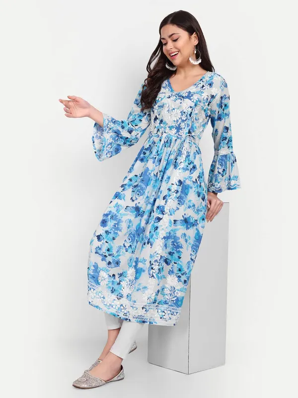 Royal_Blue_Lucknow_Chikankari_Hand_Embroidered_Fit_And_Flare_Angrakha_Long_Kurti_Malmal_Cotton