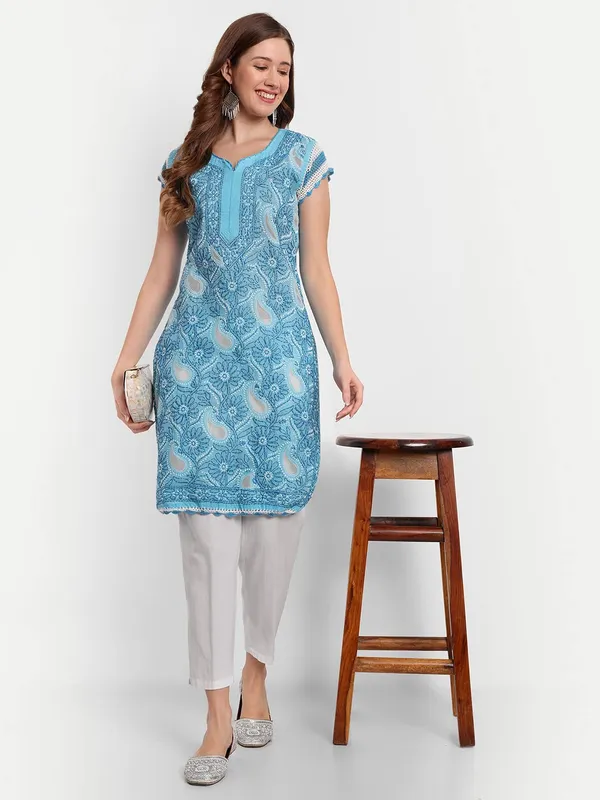 Bright_Blue_Lucknow_Chikankari_Hand_Embroidered_Kurti_Cotton