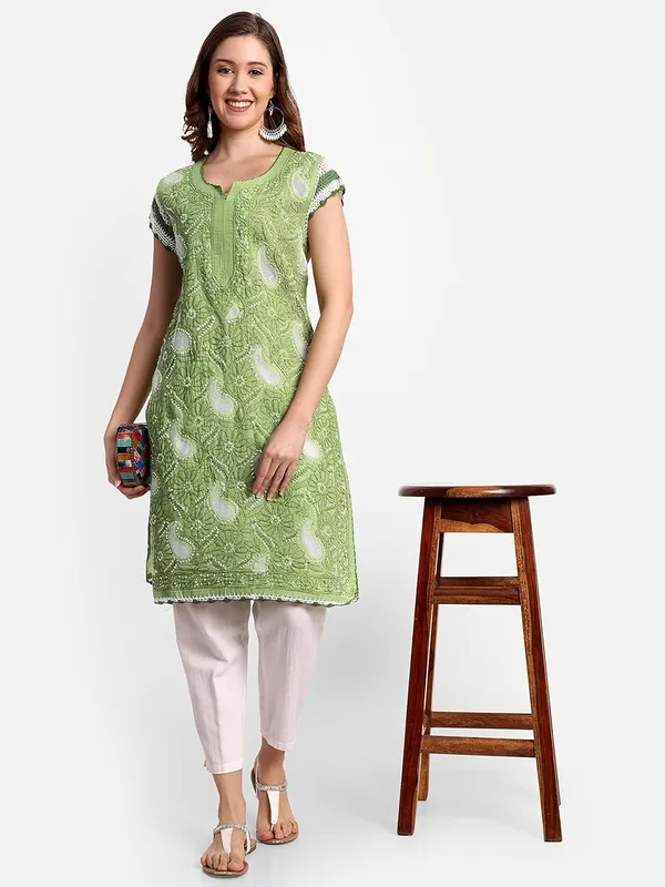 Leaf_Green_Lucknow_Chikankari_Hand_Embroidered_Kurti_Cotton