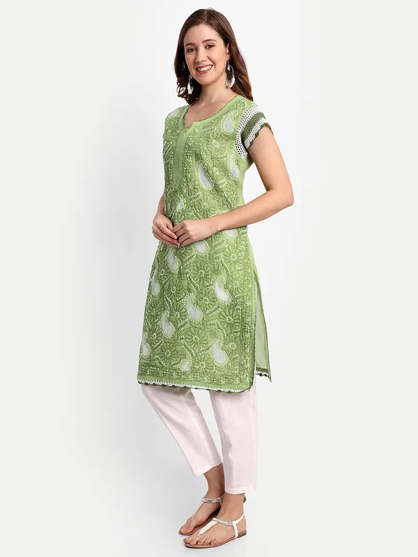 Leaf_Green_Lucknow_Chikankari_Hand_Embroidered_Kurti_Cotton