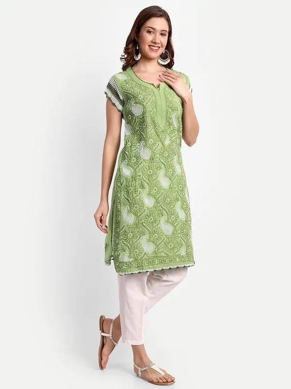 Leaf_Green_Lucknow_Chikankari_Hand_Embroidered_Kurti_Cotton