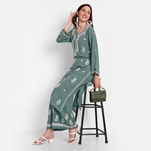Sage_Green_Lucknowi_Chikankari_Hand_Embroidered_Long_Kurti_Palazzo_Set_Cotton