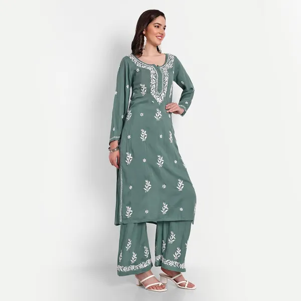 Sage_Green_Lucknowi_Chikankari_Hand_Embroidered_Long_Kurti_Palazzo_Set_Cotton