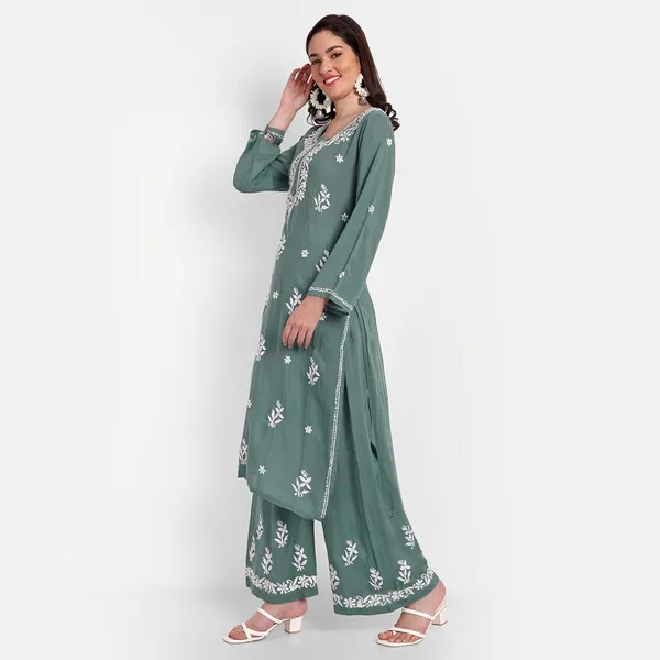 Sage_Green_Lucknowi_Chikankari_Hand_Embroidered_Long_Kurti_Palazzo_Set_Cotton
