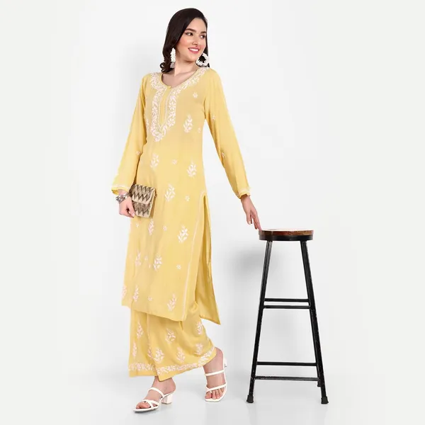 Sunshine_Yellow_Lucknowi_Chikankari_Hand_Embroidered_Long_Kurti_Palazzo_Set_Cotton
