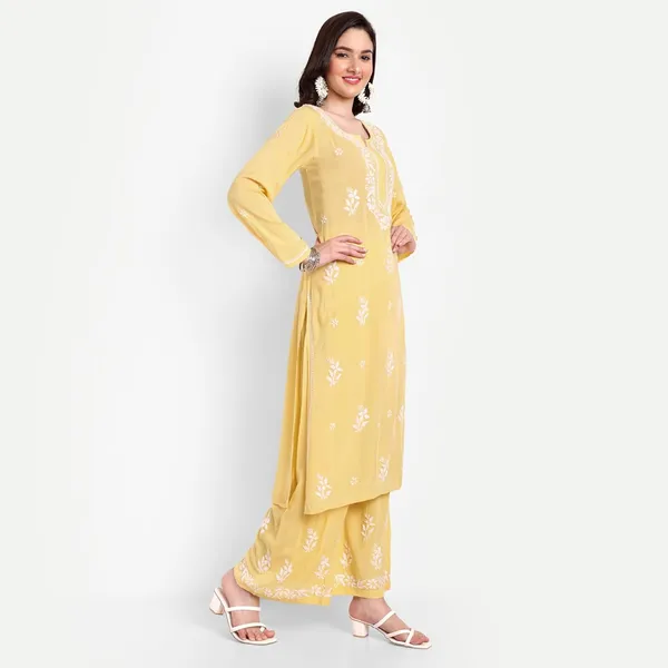 Sunshine_Yellow_Lucknowi_Chikankari_Hand_Embroidered_Long_Kurti_Palazzo_Set_Cotton