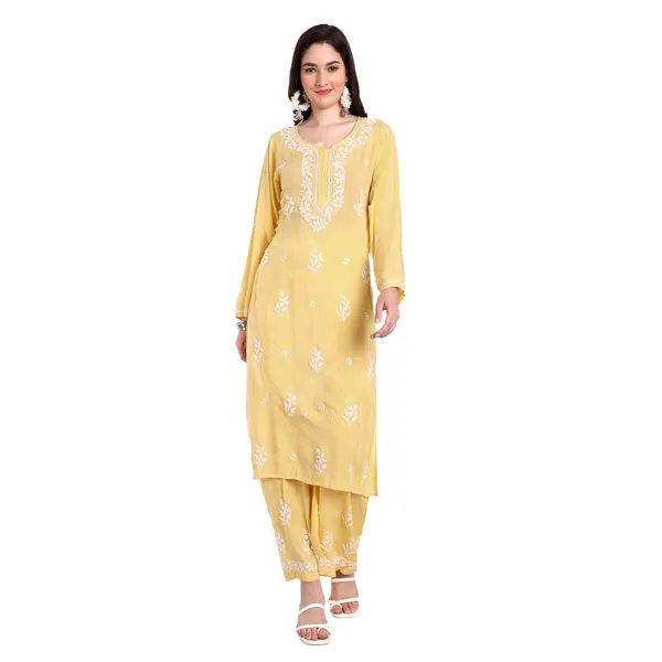 Sunshine_Yellow_Lucknowi_Chikankari_Hand_Embroidered_Long_Kurti_Palazzo_Set_Cotton