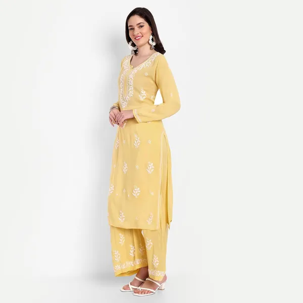 Sunshine_Yellow_Lucknowi_Chikankari_Hand_Embroidered_Long_Kurti_Palazzo_Set_Cotton
