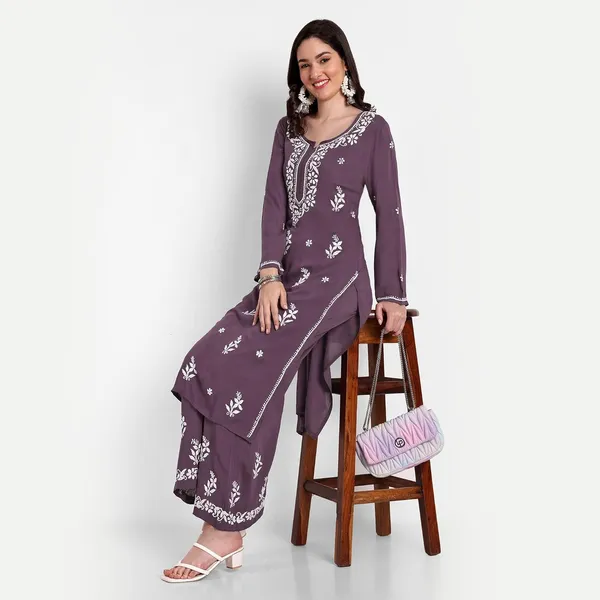 Wine_Lucknowi_Chikankari_Hand_Embroidered_Long_Kurti_Palazzo_Set_Cotton