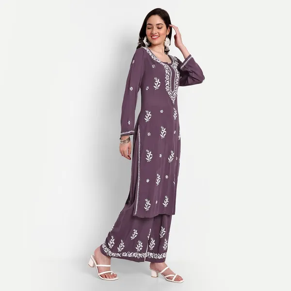 Wine_Lucknowi_Chikankari_Hand_Embroidered_Long_Kurti_Palazzo_Set_Cotton