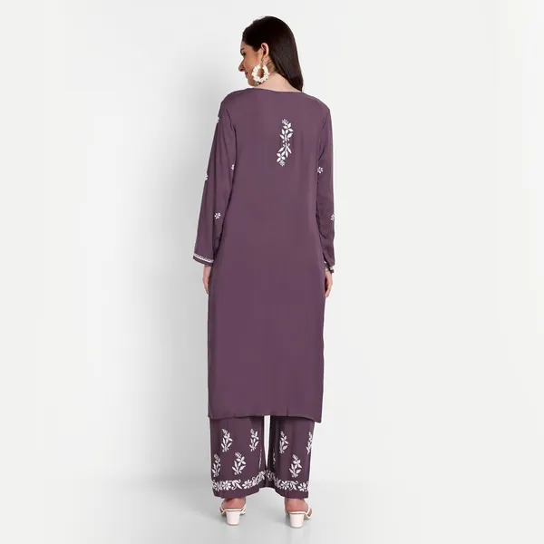 Wine_Lucknowi_Chikankari_Hand_Embroidered_Long_Kurti_Palazzo_Set_Cotton