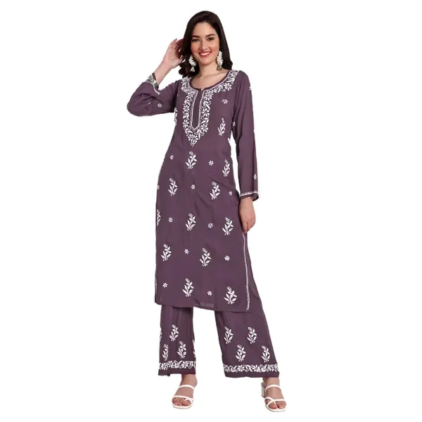 Wine_Lucknowi_Chikankari_Hand_Embroidered_Long_Kurti_Palazzo_Set_Cotton