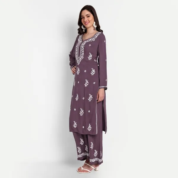 Wine_Lucknowi_Chikankari_Hand_Embroidered_Long_Kurti_Palazzo_Set_Cotton
