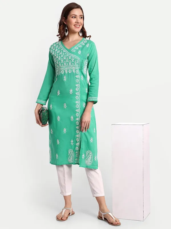 Forest_Green_Lucknow_Chikankari_Hand_Embroidered_Long_Kurti_Cotton