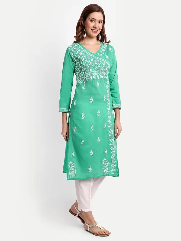 Forest_Green_Lucknow_Chikankari_Hand_Embroidered_Long_Kurti_Cotton