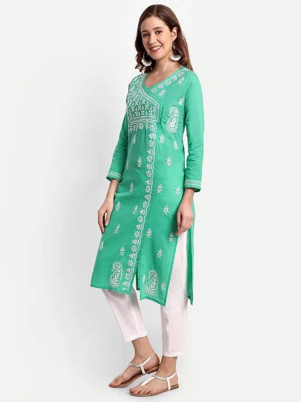 Forest_Green_Lucknow_Chikankari_Hand_Embroidered_Long_Kurti_Cotton