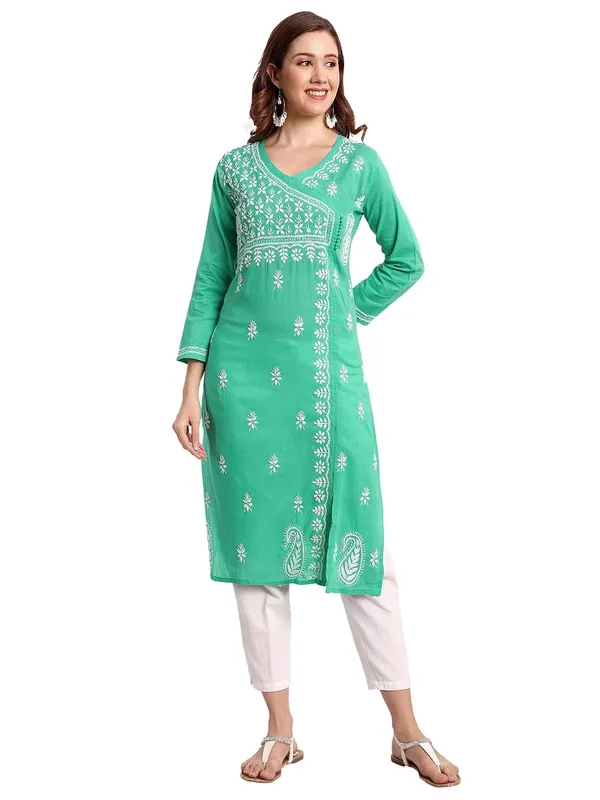 Forest_Green_Lucknow_Chikankari_Hand_Embroidered_Long_Kurti_Cotton
