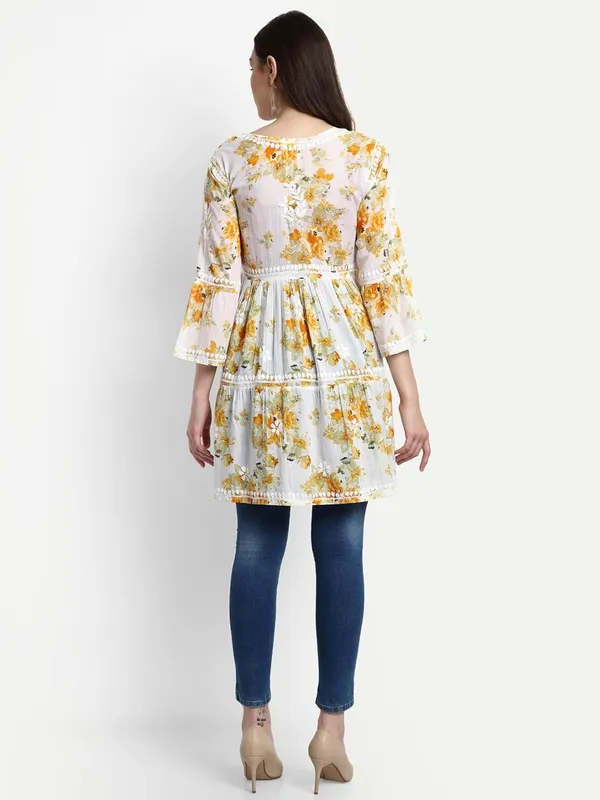Sunshine_Yellow_Lucknow_Chikankari_Hand_Embroidered_Tiered_Kurti_Malmal_Cotton