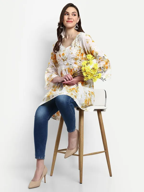 Sunshine_Yellow_Lucknow_Chikankari_Hand_Embroidered_Tiered_Kurti_Malmal_Cotton