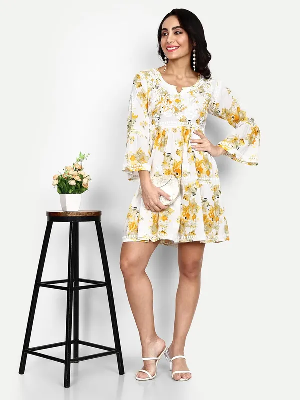 Sunshine_Yellow_Lucknow_Chikankari_Hand_Embroidered_Tiered_Kurti_Malmal_Cotton