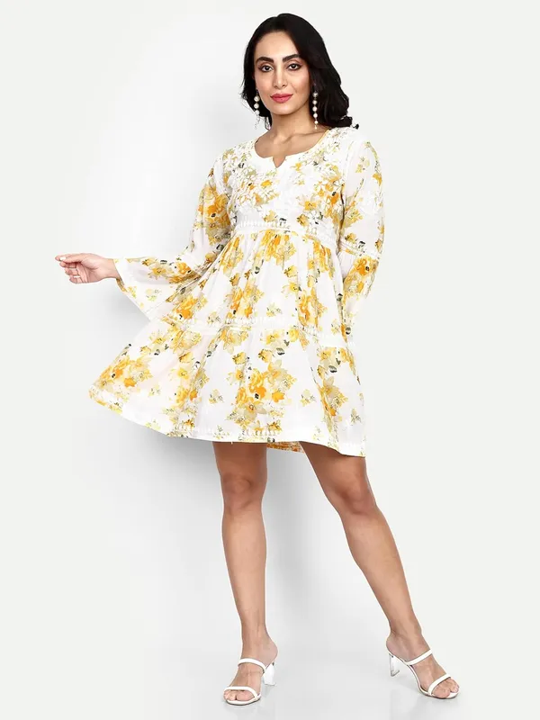 Sunshine_Yellow_Lucknow_Chikankari_Hand_Embroidered_Tiered_Kurti_Malmal_Cotton