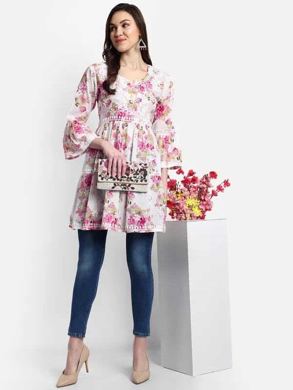 Pretty_Pink_Lucknow_Chikankari_Hand_Embroidered_Tiered_Kurti_Malmal_Cotton
