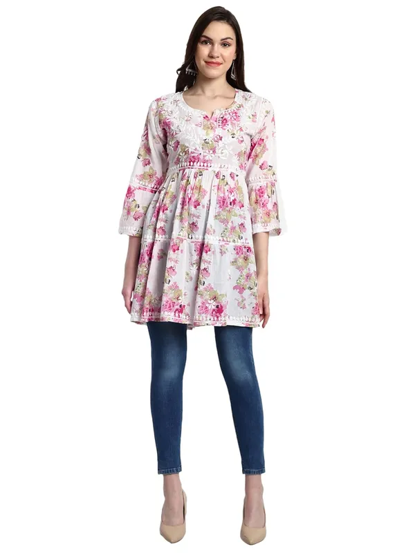 Pretty_Pink_Lucknow_Chikankari_Hand_Embroidered_Tiered_Kurti_Malmal_Cotton