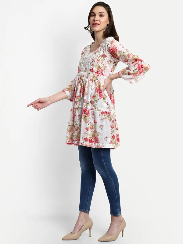 Ravishing_Red_Lucknow_Chikankari_Hand_Embroidered_Tiered_Kurti_Malmal_Cotton
