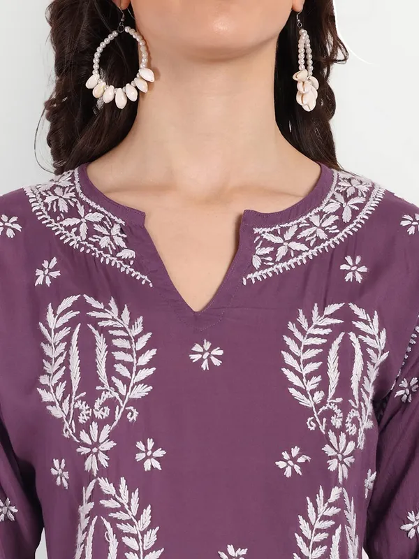Wine_Lucknow_Chikankari_Hand_Embroidered_Kurta_Cotton