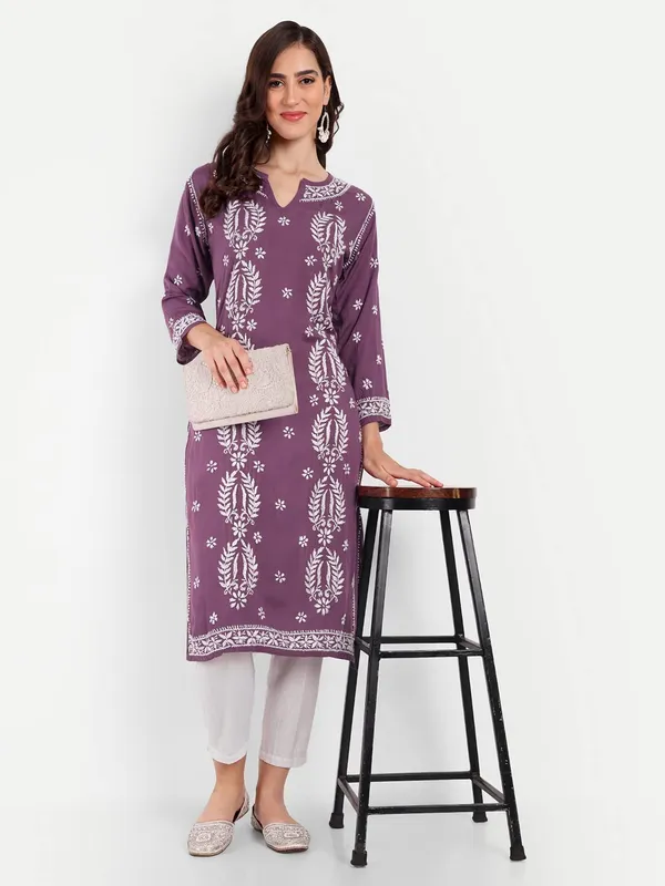 Wine_Lucknow_Chikankari_Hand_Embroidered_Kurta_Cotton