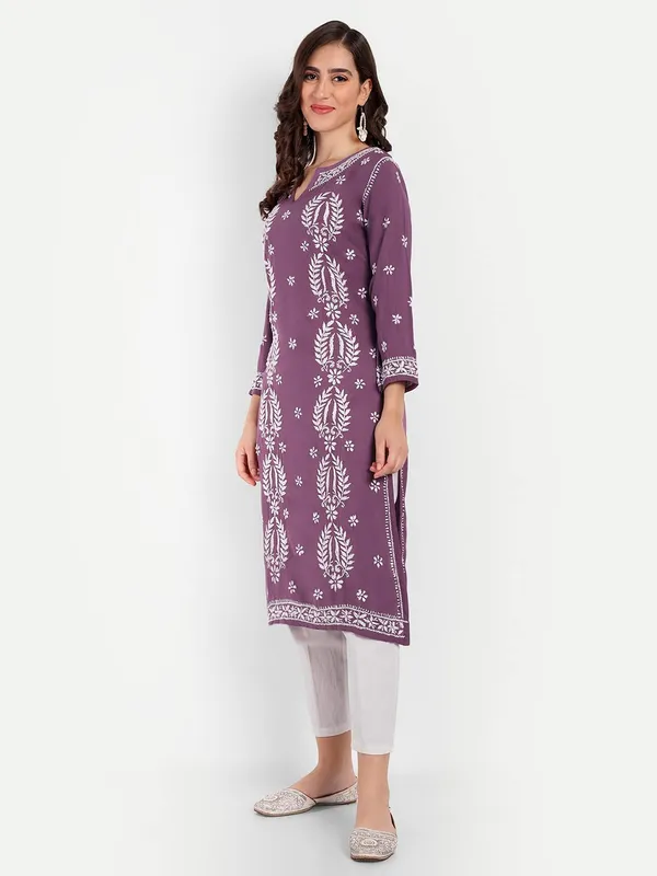 Wine_Lucknow_Chikankari_Hand_Embroidered_Kurta_Cotton