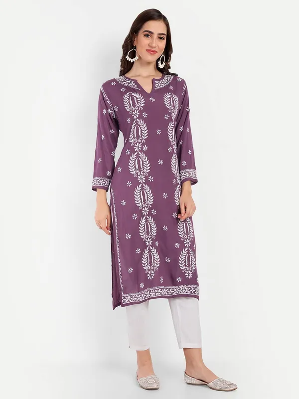 Wine_Lucknow_Chikankari_Hand_Embroidered_Kurta_Cotton