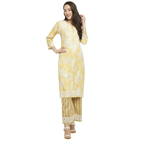 Sunshine_Yellow_Lucknowi_Chikankari_Hand_Embroidered_Long_Kurti_Palazzo_Set_Rayon_Slub